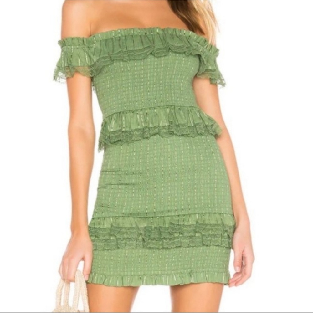 TULAROSA SMOCKED OFF SHOULDER COQUETTE GIRL MINI LACE GREEN DRESS XS